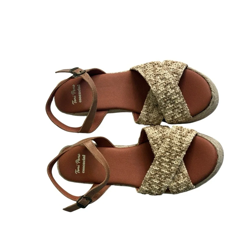 Toni Pons Atenes Platform Block Heel Espadrille Sandal Size 37 Beige Tan NWOT